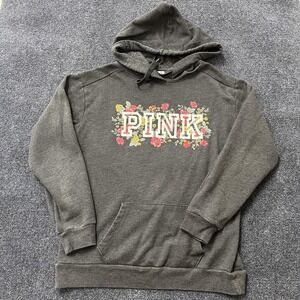 PINK Victoria's Secret Hoodie Womens Small Gray Floral Logo Pullover Fleece